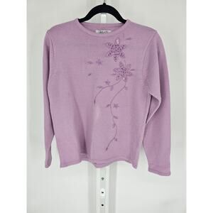 Haband! Women's Purple Long Sleeve Embroidered Floral Casual Knit Sweater Size S